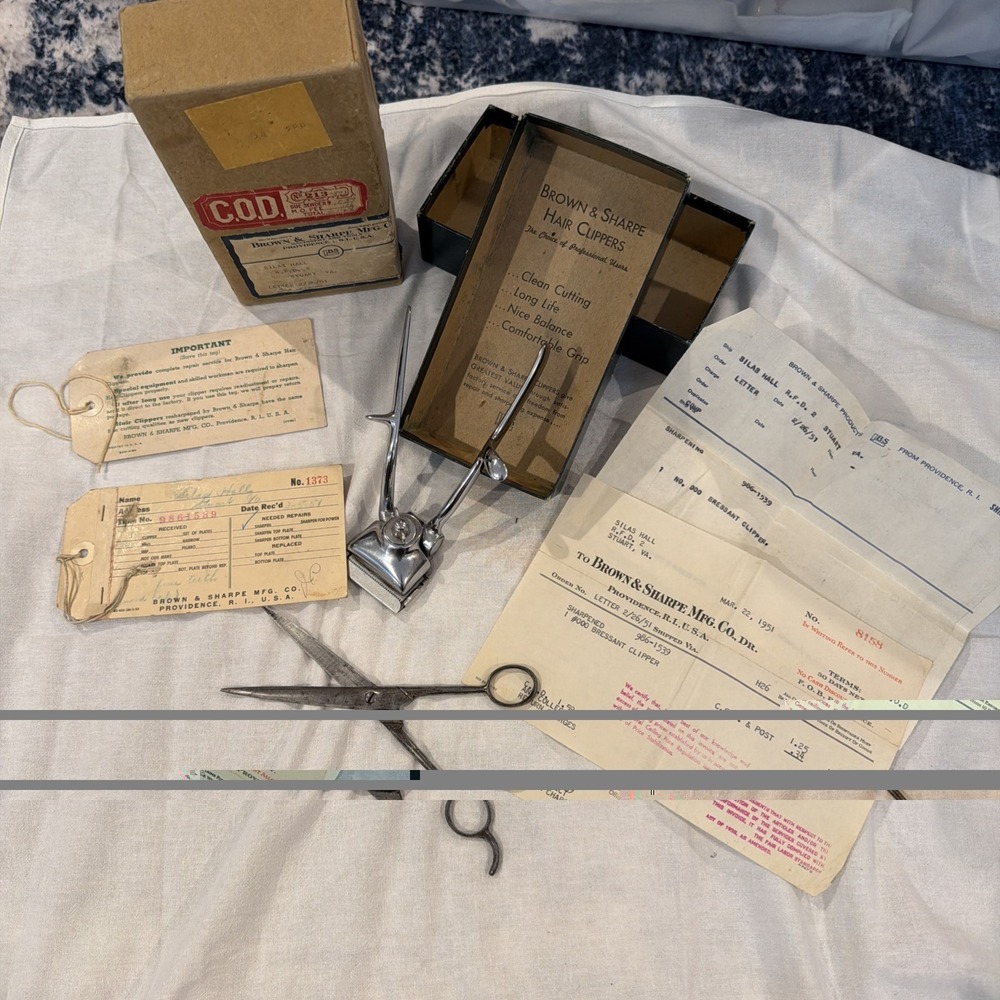 Vtg Brown & Sharpe Bressant Hair Clippers Orig Box Service Receipts Vtg Scissors